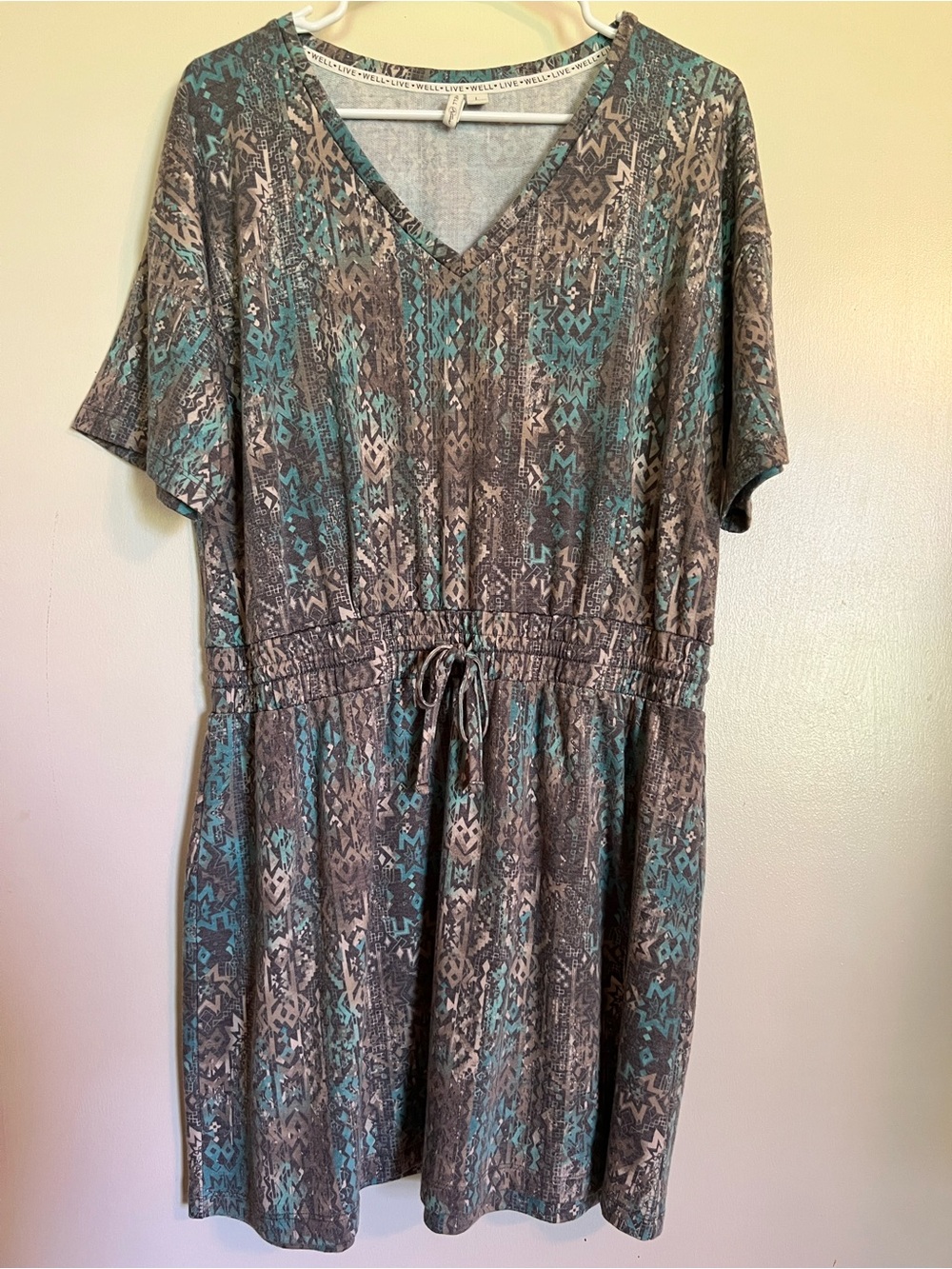 V-Neck Short Sleeve Drawstring Midi Dress in Teal & Gray